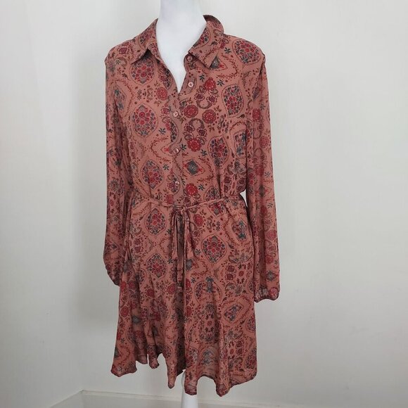 Lucky Brand Paisley Button Front Long Sleeve Mini Dress Size Large - Picture 1 of 8